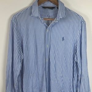 Polo Golf Ralph Lauren Medium Blue Plaid Long Sleeve Button Shirt Pima Cotton